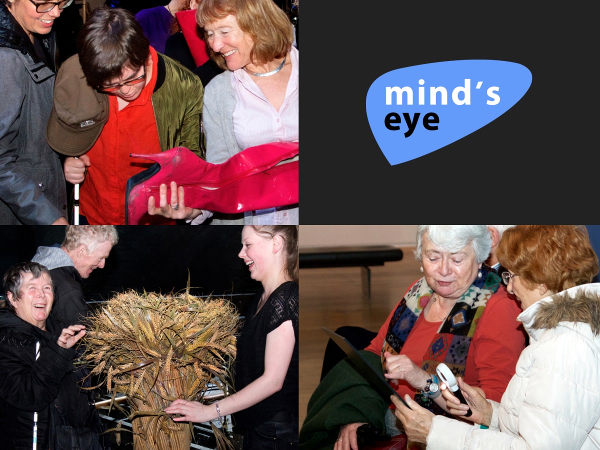 A collection of images showing people with visual impairments touching prop items in a theatre