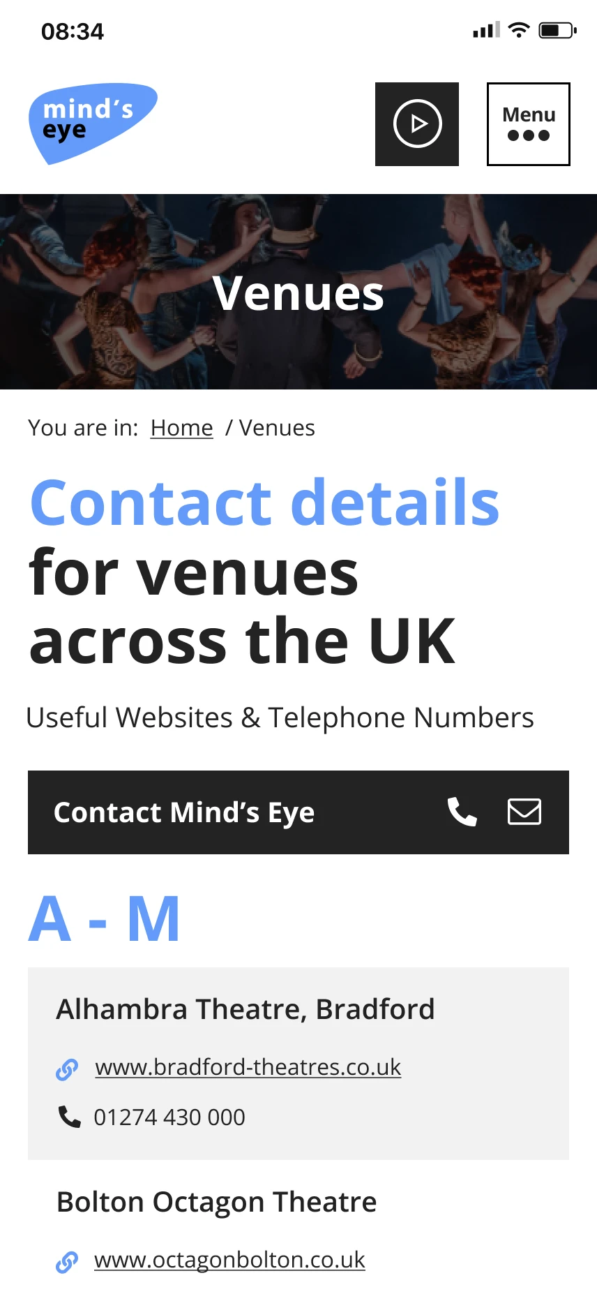 Mind's Eye website mobile homepage screen